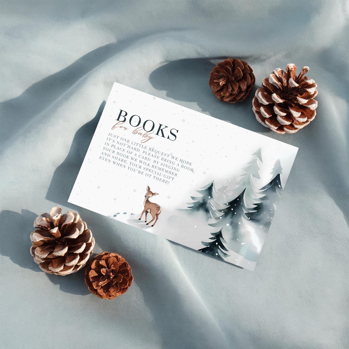 Sweet Books for Baby Shower Request Card Winter Deer Pines Print - Image 2