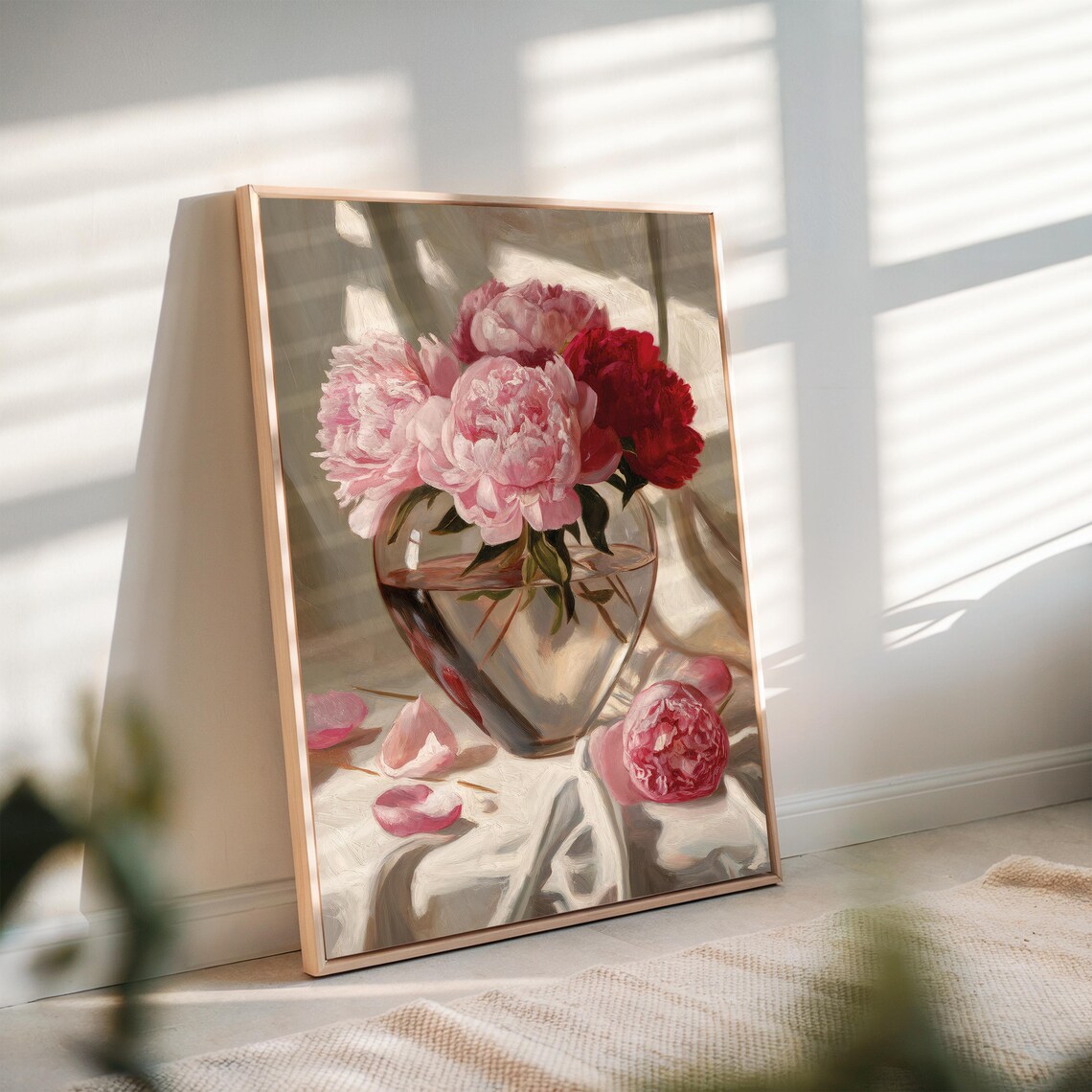 Pink Peonies in Heart Shaped Glass Vase Romantic Still Life Poster - Image 2