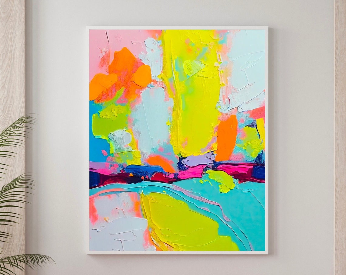 Neon Lime and Turquoise Abstract Landscape Brushstroke Poster - Image 4