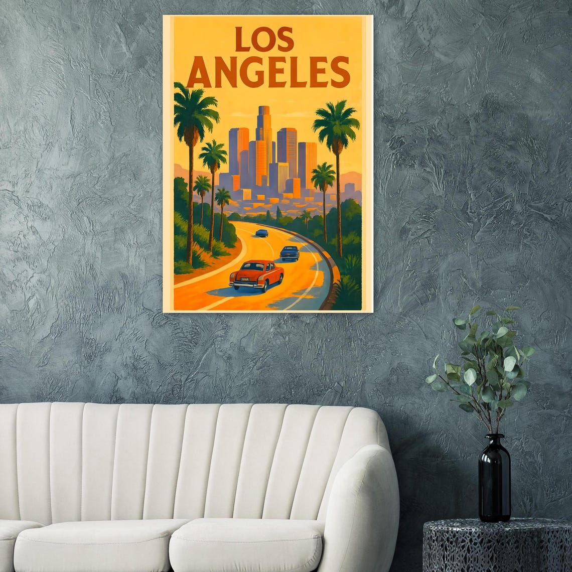 Los Angeles Vintage Travel Poster City Skyline Palm Trees Classic Car Decor