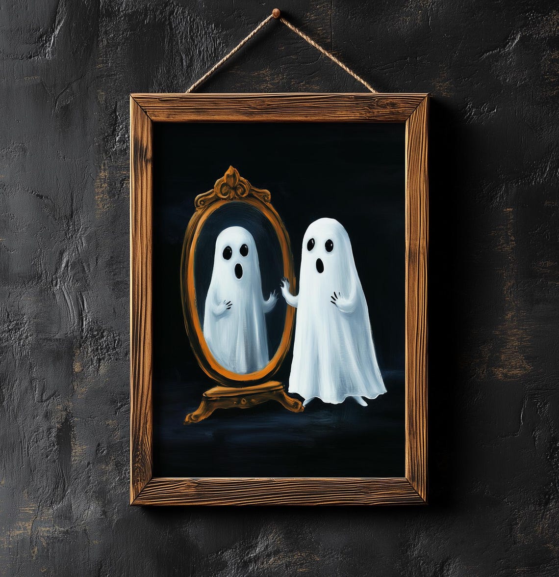Cute Ghost Looking In Vintage Mirror Dark Spooky Halloween Poster