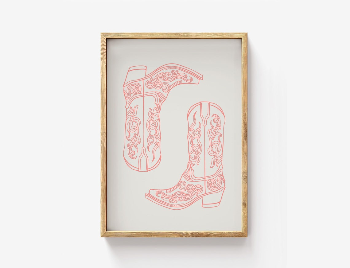 Red Cowboy Boots Line Art Minimalist Western Decor Drawing Poster