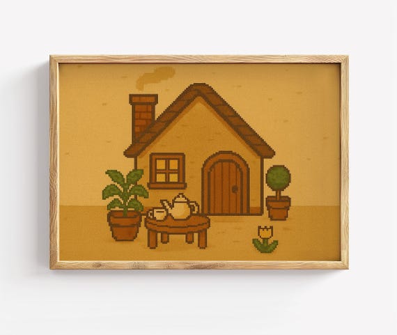 Cozy Cottage Pixel Art Print Vintage Tea House Wall Decor