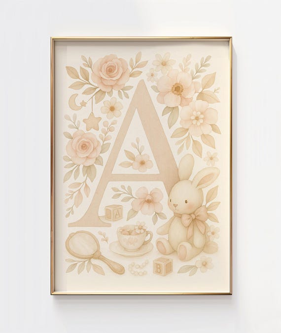 Floral Bunny Monogram A Art Print Pastel Nursery Decor
