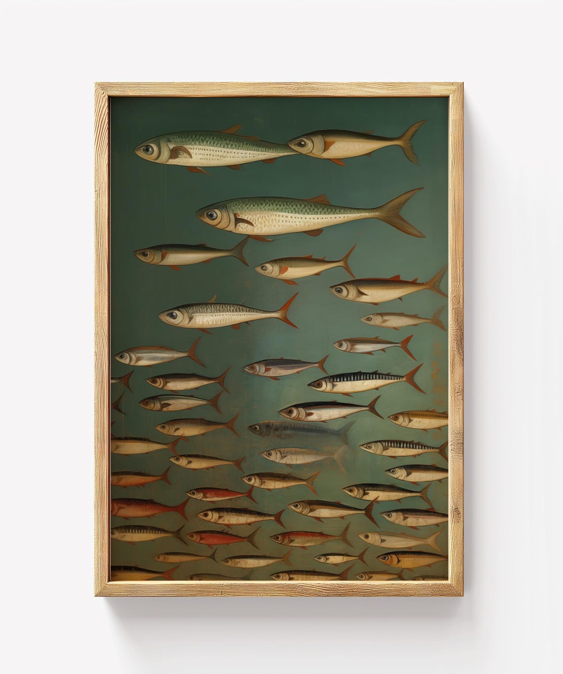 Vintage Fish School Swimming Deep Teal Sea Life Painting Poster