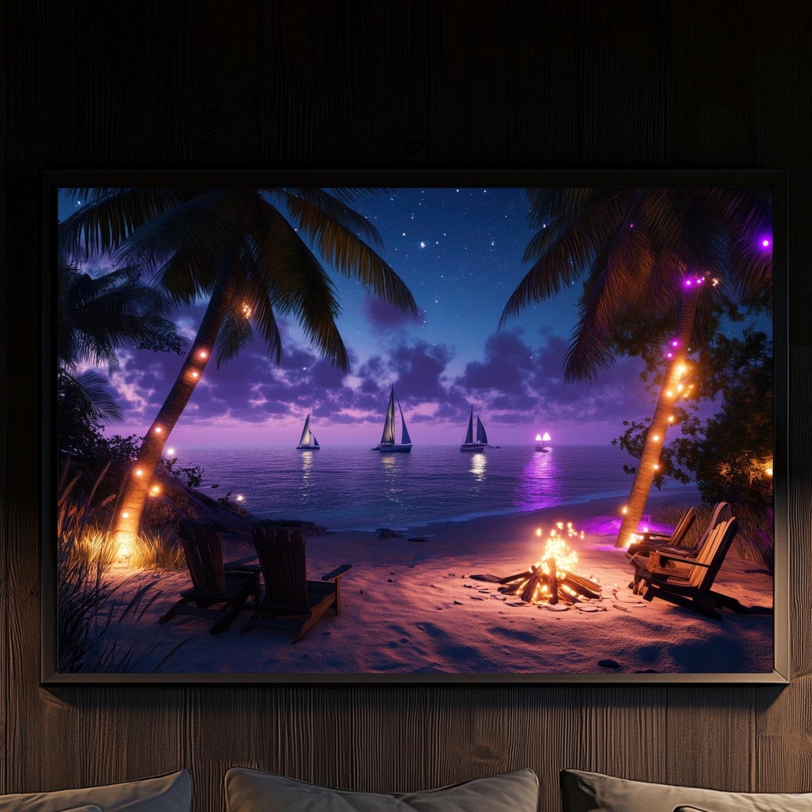 Beach Fire Pit Night Palms Sailboats Under Purple Sky Poster