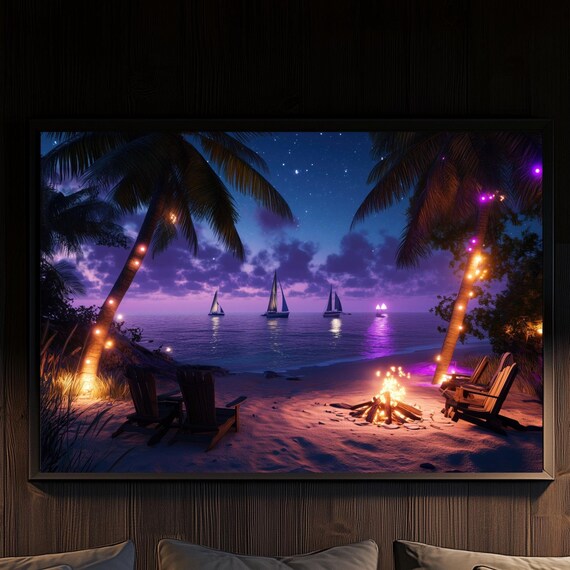Beach Fire Pit Night Palms Sailboats Under Purple Sky Poster