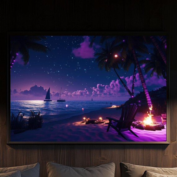 Starlit Tropical Beach With Fire Pit And Sailboats Dreamy Nighttime Ocean Scene Wall Art Magical Sunset Decor