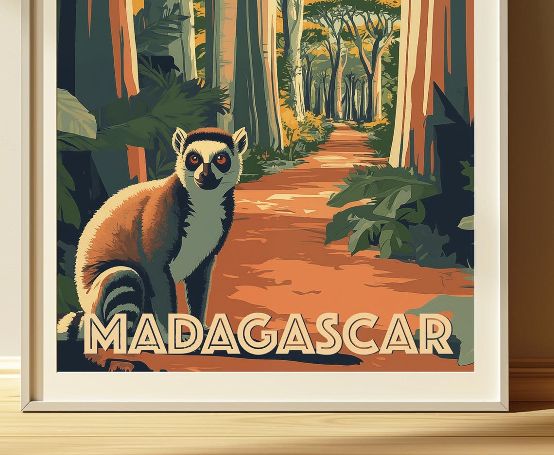 Madagascar Baobab Alley Ring Tailed Lemur Vintage Travel Poster - Image 2