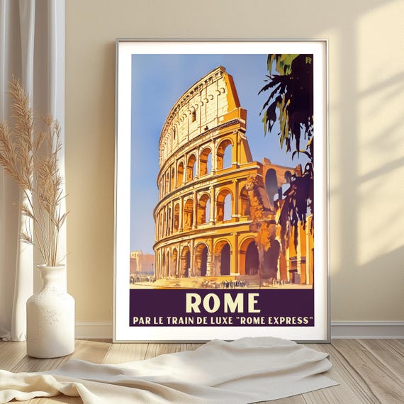 Rome Travel Poster Vintage Colosseum Art Print Rome Express Train Italian Wall Decor Retro Rome Architecture Print Europe Travel Art