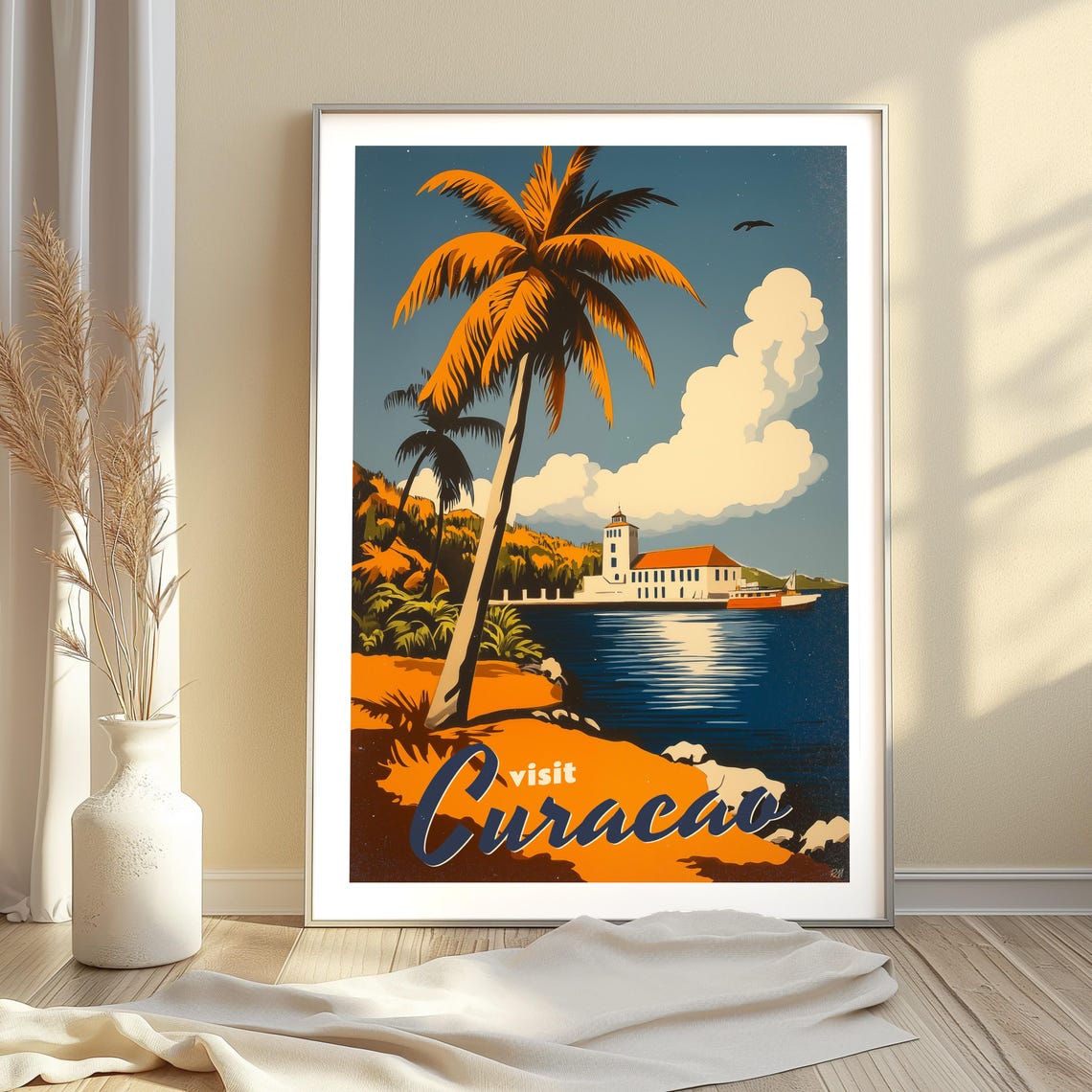 Curacao Caribbean Palm Beach Colonial Fort Sunset Bay Poster