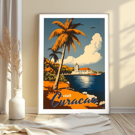 Curacao Travel Poster Vintage Caribbean Island Wall Art Retro Tropical Beach Scene Print Scenic Coastal Decor Curacao Vacation Gift