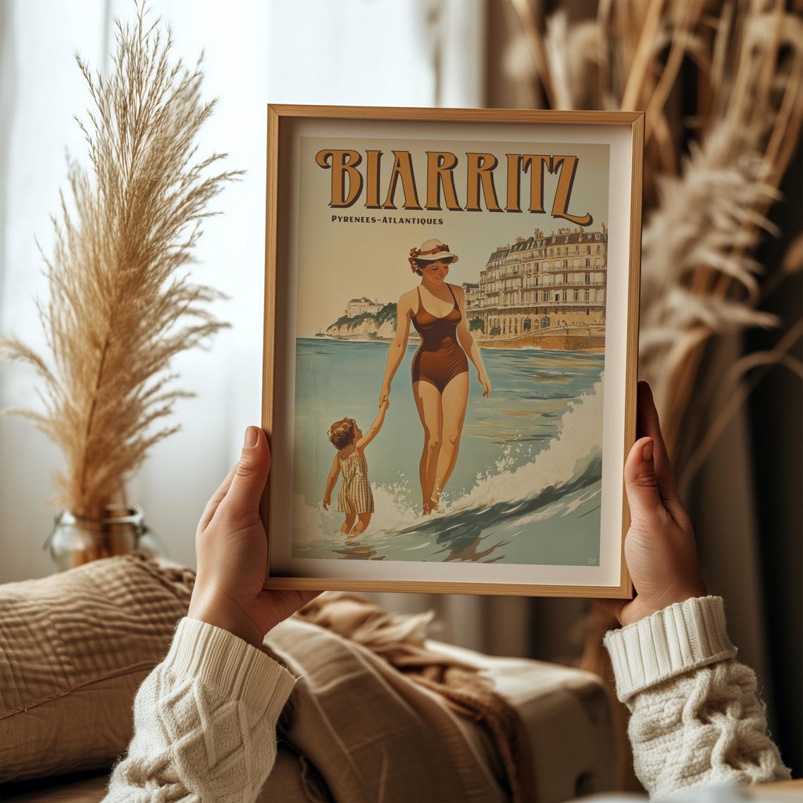 Biarritz Pyrenees Atlantiques Mother Child Beach Day Vintage Poster - Image 2