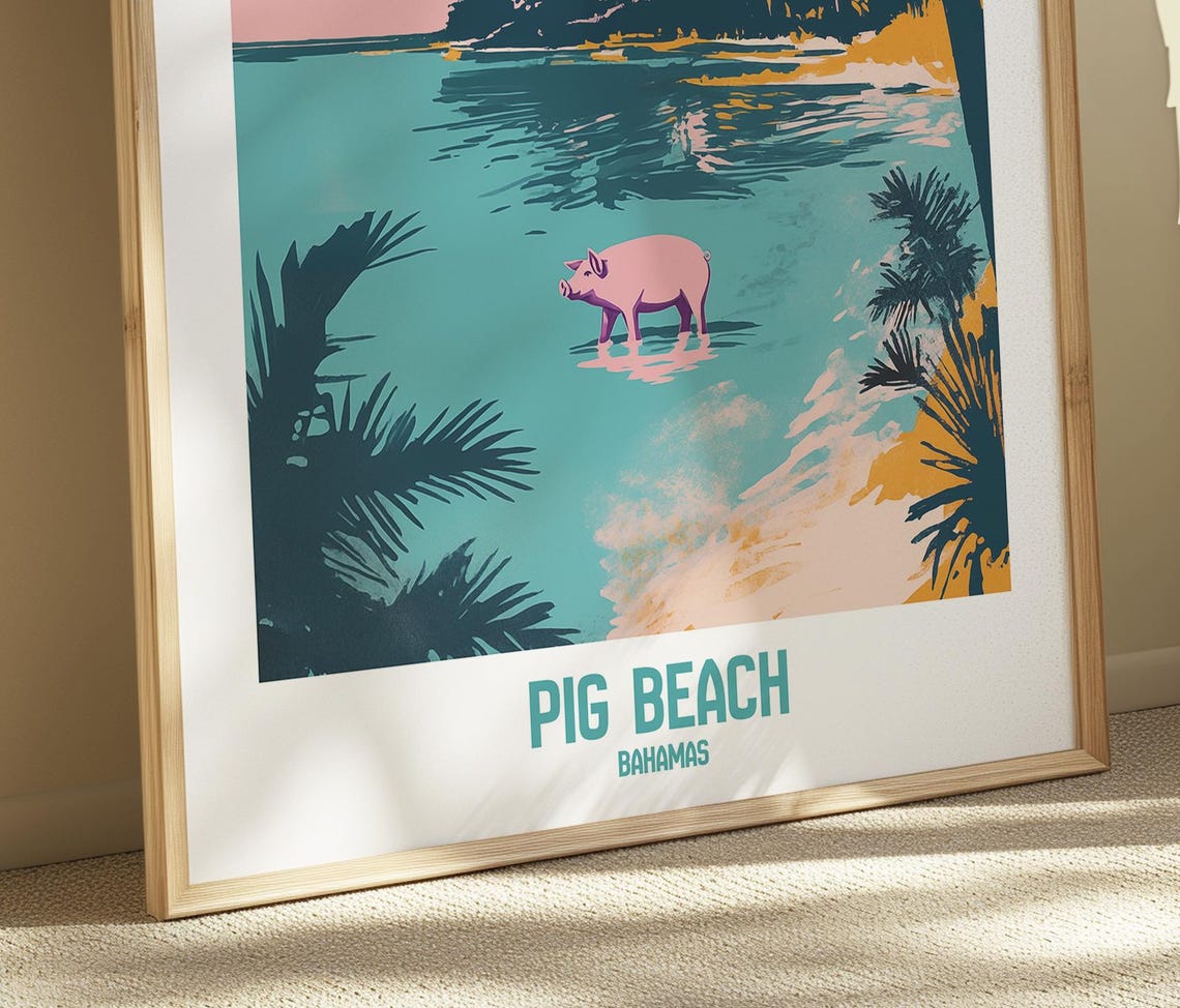 Pig Beach Bahamas Swimming Pig Tropical Island Scene Artwork Poster - Image 5