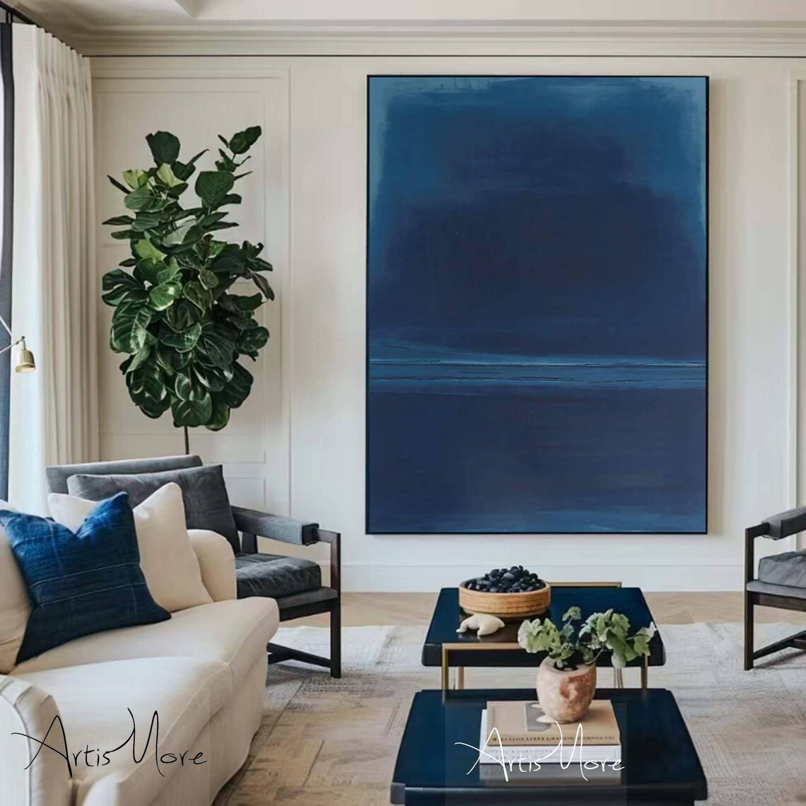 Deep Navy Blue Abstract Painting Soft Horizon Band Modern Minimalist Art - Image 5