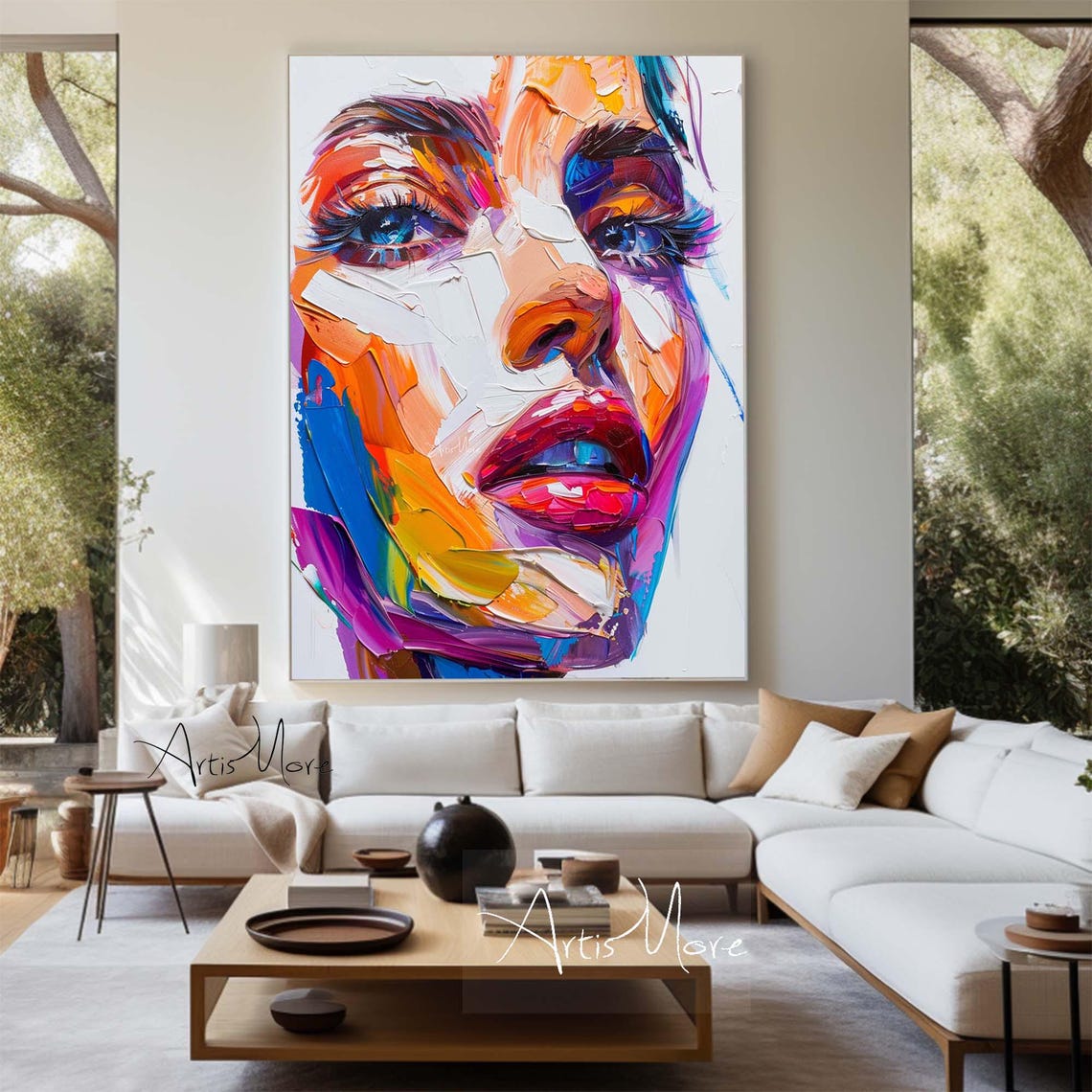 Abstract Woman Face Painting Colorful Texture Wall Art Female Portrait Texture Painting Original Portrait Art Lady Figure Colorful Painting - Image 2