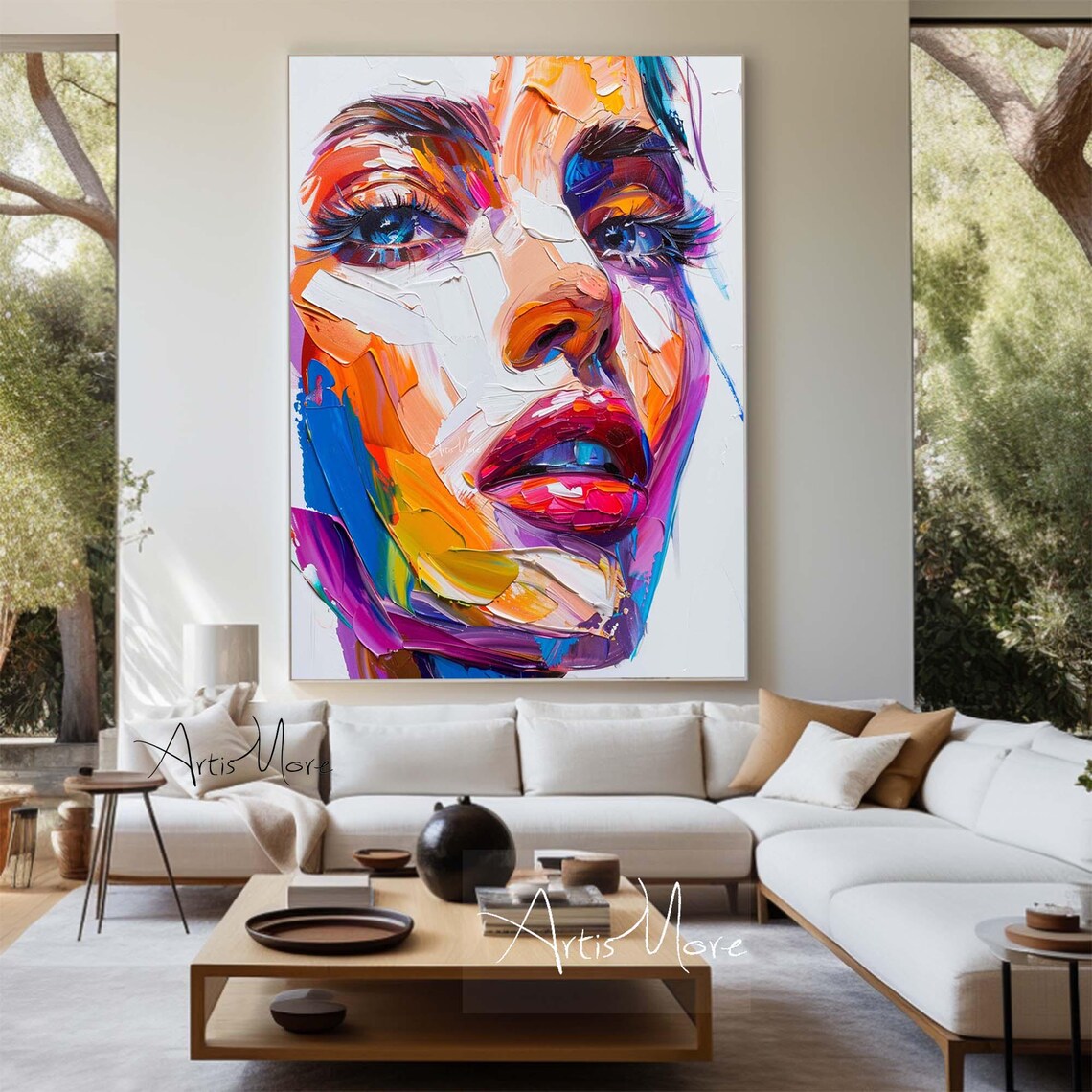 Bold Colorful Woman Face Painting Palette Knife Abstract Portrait Wall Art - Image 2