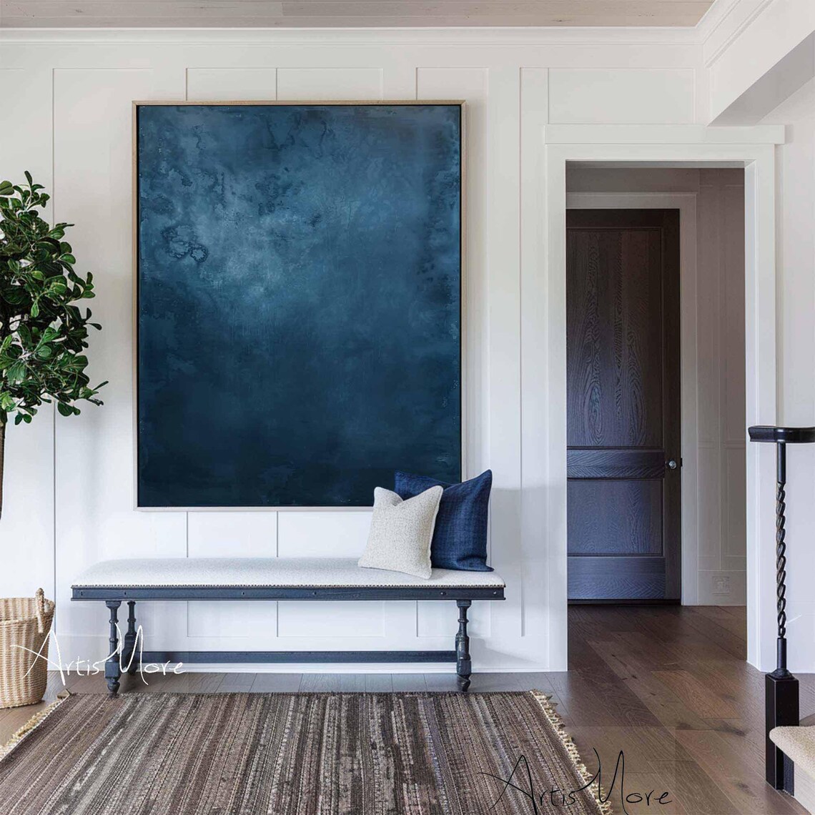Deep Navy Blue Abstract Texture Painting Dark Midnight Modern Minimalist Wall Art - Image 3