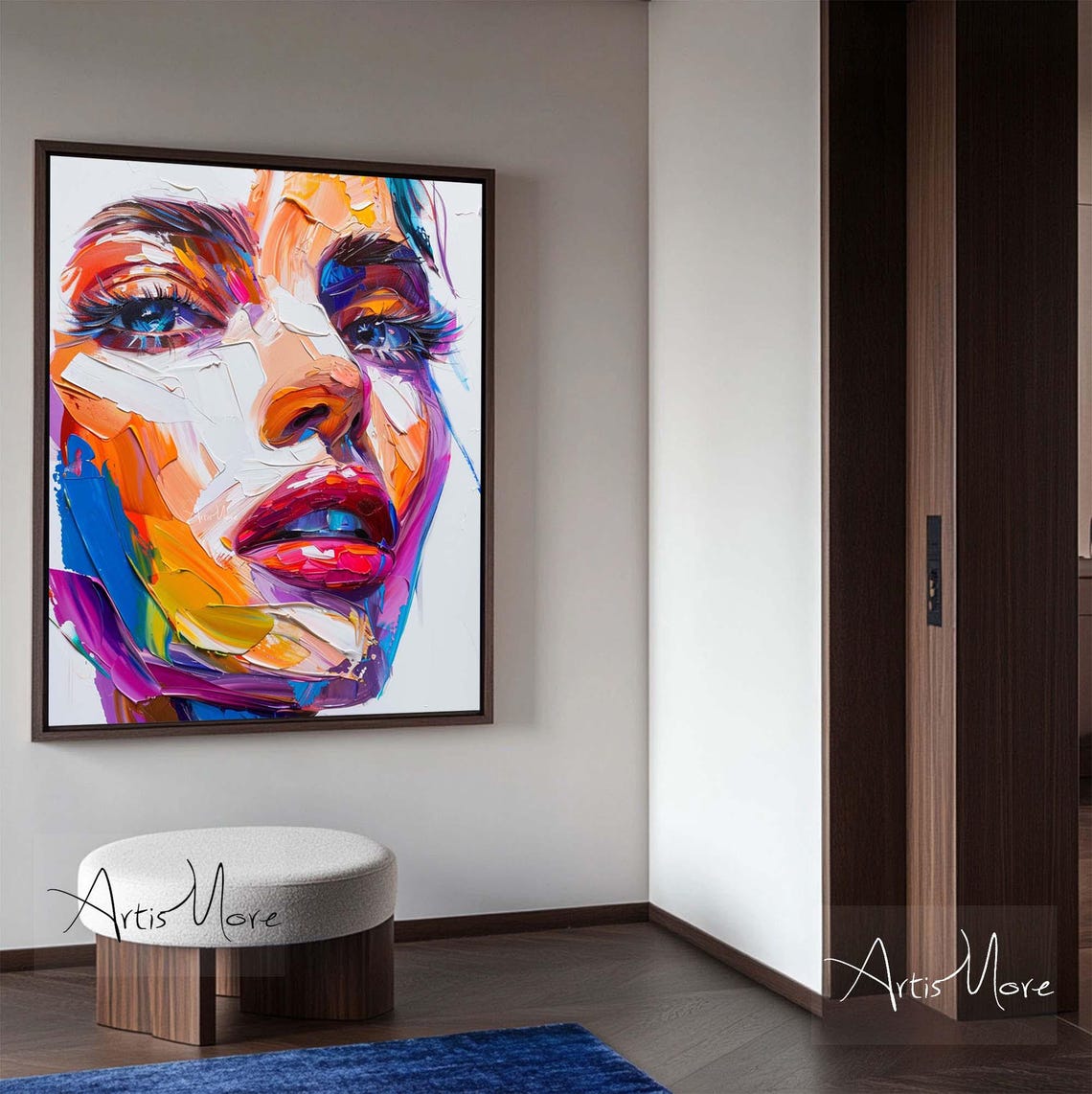 Abstract Woman Face Painting Colorful Texture Wall Art Female Portrait Texture Painting Original Portrait Art Lady Figure Colorful Painting - Image 4