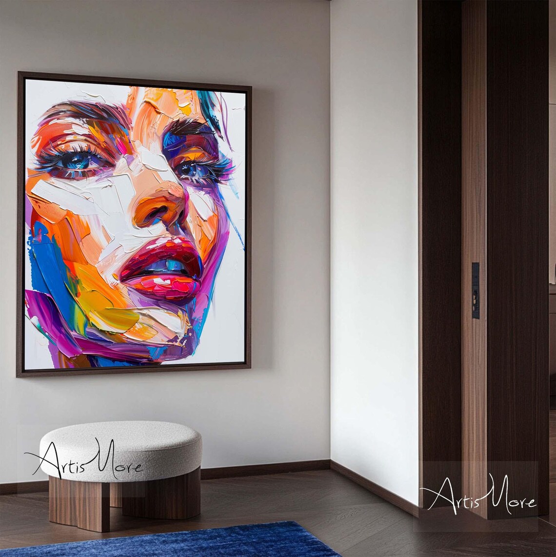 Bold Colorful Woman Face Painting Palette Knife Abstract Portrait Wall Art - Image 4