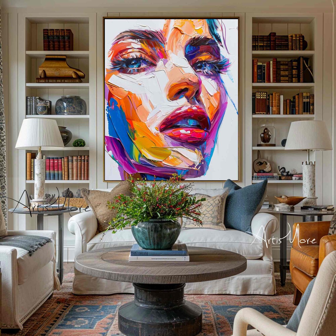 Bold Colorful Woman Face Painting Palette Knife Abstract Portrait Wall Art - Image 3