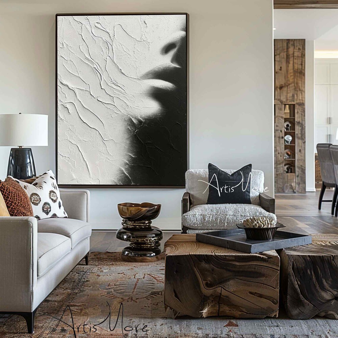 White Black Woman Face Profile Sculptural Texture Abstract Portrait Wall Art - Image 3
