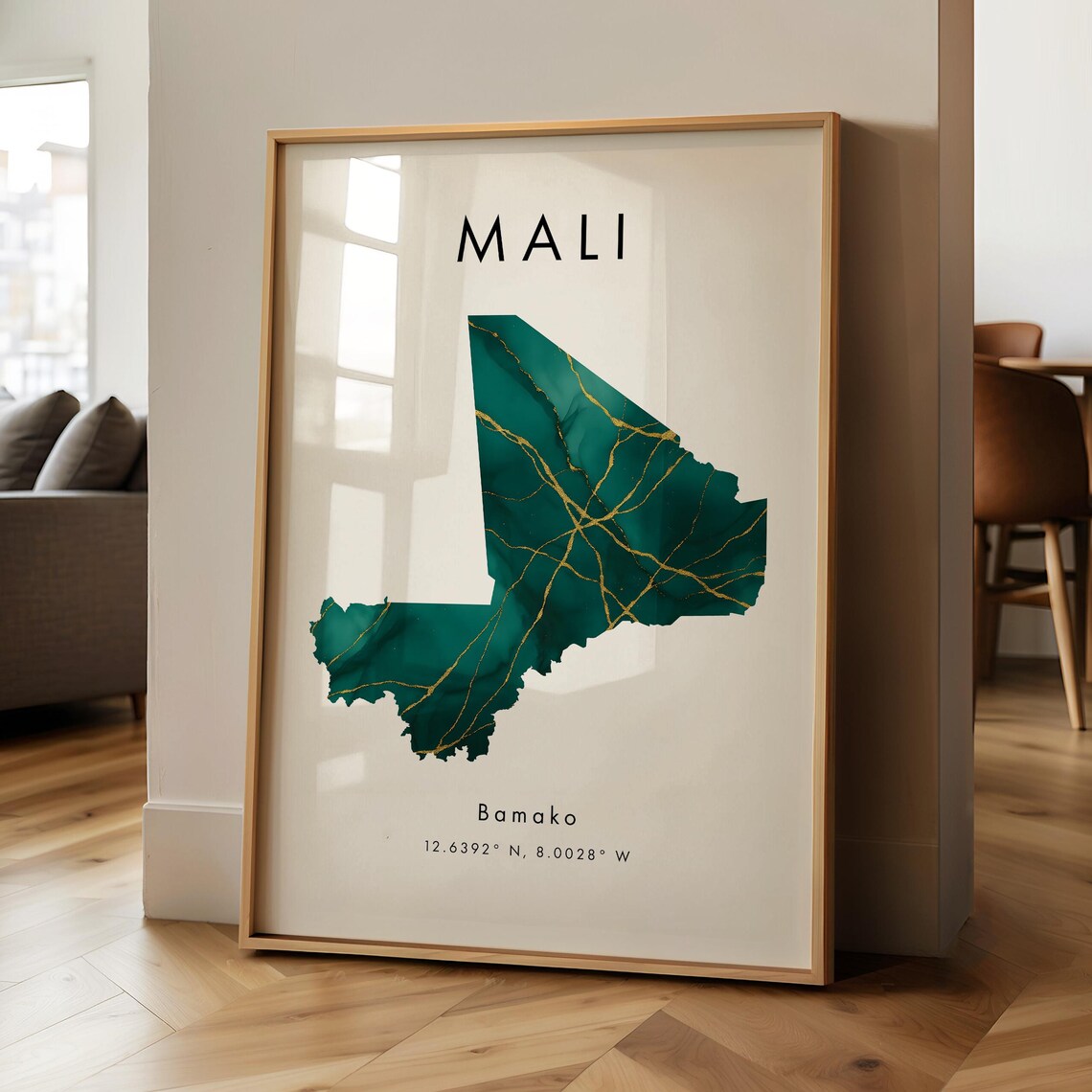 Mali Green and Gold Map Poster with Bamako Capital Coordinates