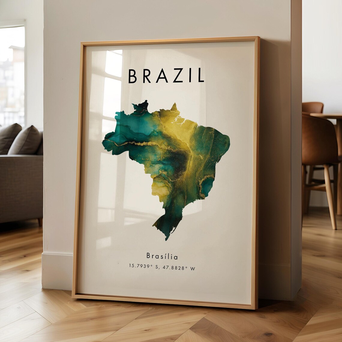 Brazil Map Poster, Green and Gold South America