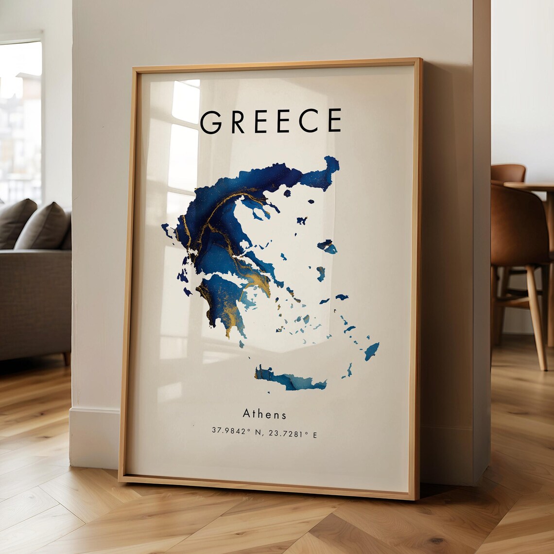 Greece Map Poster, Blue and Gold Europe Wall Art