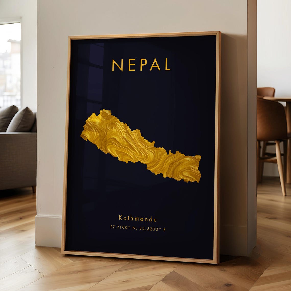 Nepal Gold Marble Country Map Poster Black Kathmandu Coordinates