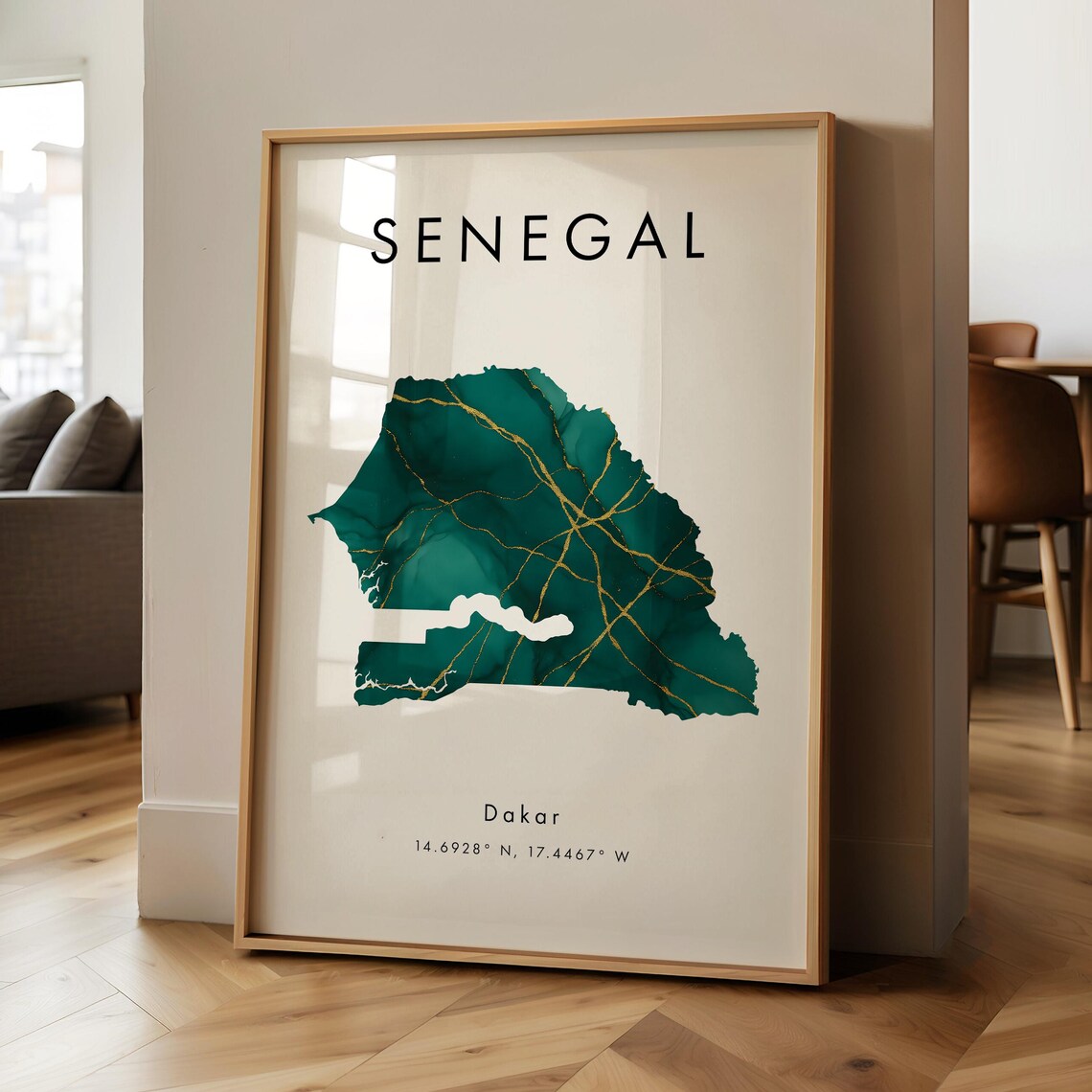 Senegal Map Poster, Green and Gold Africa Map