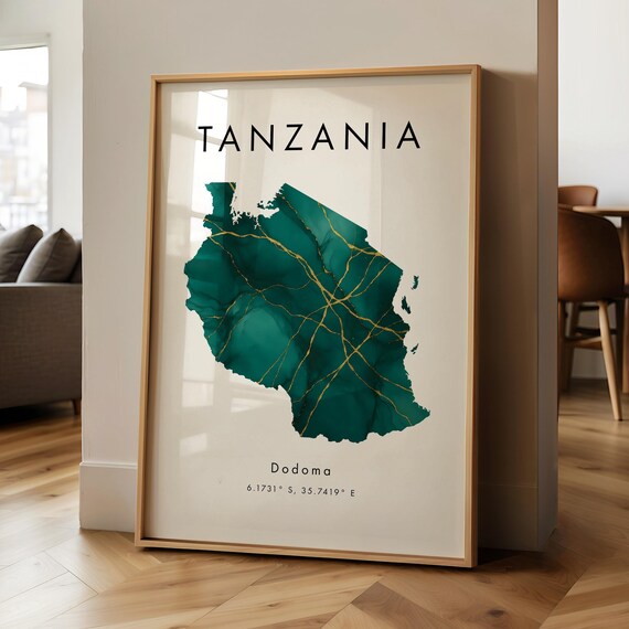 Tanzania Map Printed Poster Green And Gold Africa Wall Art Print Home Decor Geography Gift Wallpaper