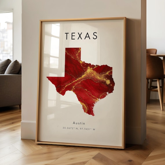 Texas Map Printed Poster Red And Gold United States Wall Art Print Home Decor Geography Gift Wallpaper