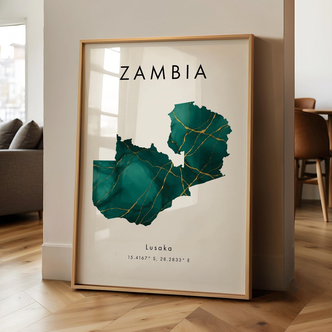 Zambia Map Poster, Green and Gold Africa Travel Art