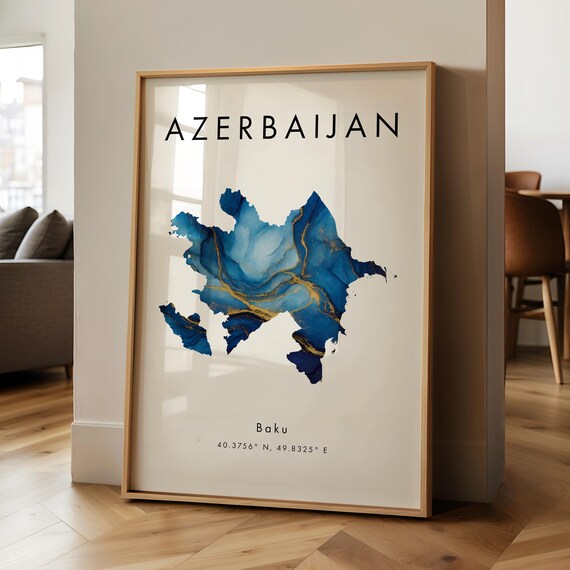 Azerbaijan Map Printed Poster Blue And Gold Europe Wall Art Print Home Decor Geography Gift Wallpaper