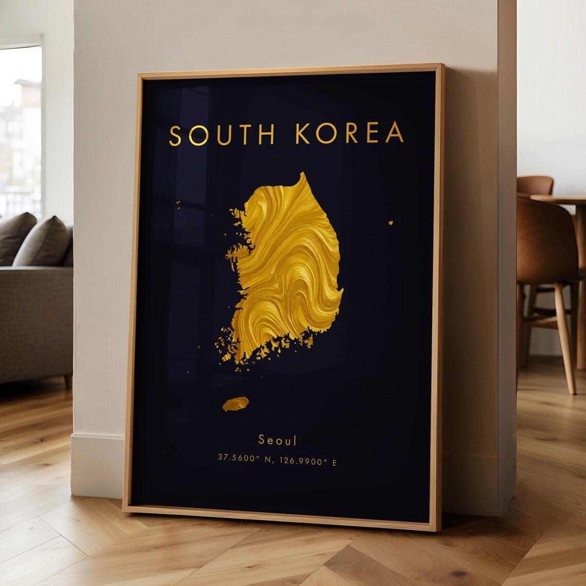 South Korea Gold Marble Map Seoul Coordinates Black Gold Geography Poster