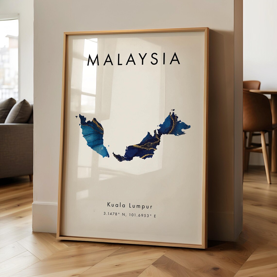 Malaysia Map Printed Poster Blue And Gold Asia Wall Art Print Home Decor Geography Gift Wallpaper