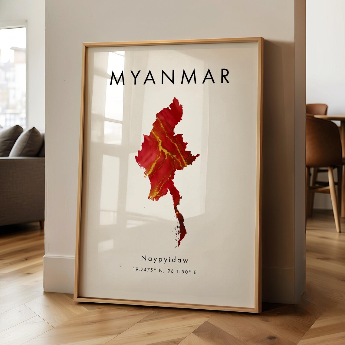 Myanmar Map Printed Poster Red And Gold Asia Wall Art Print Home Decor Geography Gift Wallpaper
