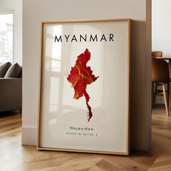 Myanmar Map Printed Poster Red And Gold Asia Wall Art Print Home Decor Geography Gift Wallpaper