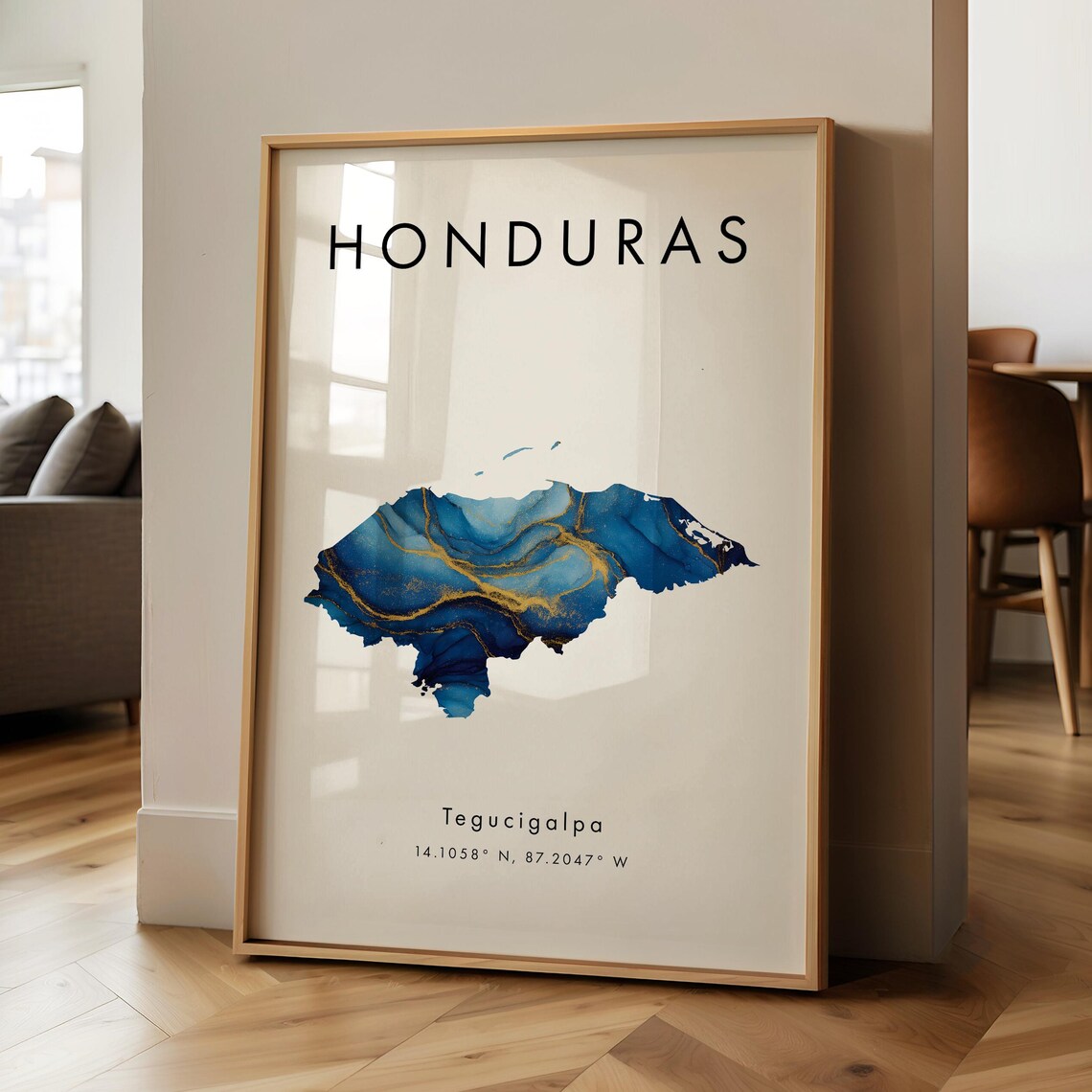 Honduras Country Map Blue Gold Watercolor Capital City Travel Poster