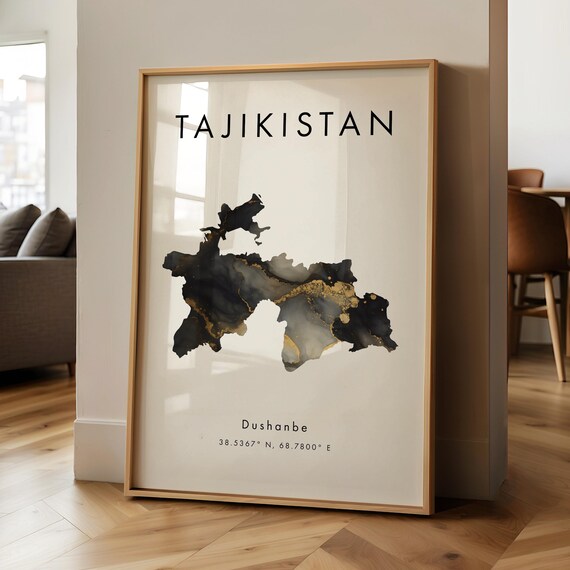 Tajikistan Map Printed Poster Black And Gold Asia Wall Art Print Home Decor Geography Gift Wallpaper