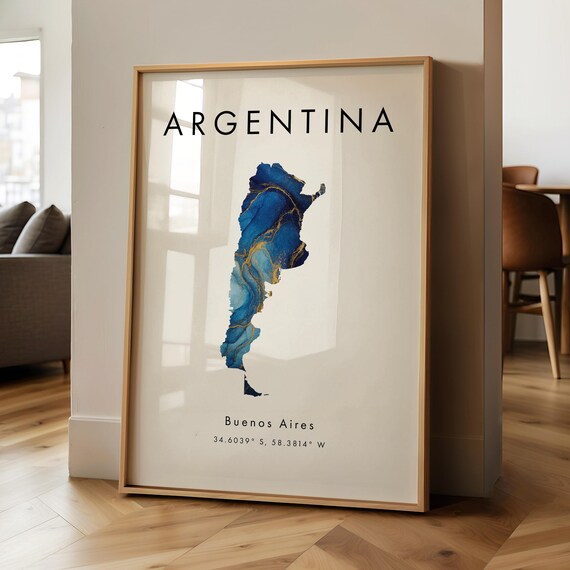 Argentina Map Printed Poster Blue And Gold South America Wall Art Print Home Decor Geography Gift Wallpaper