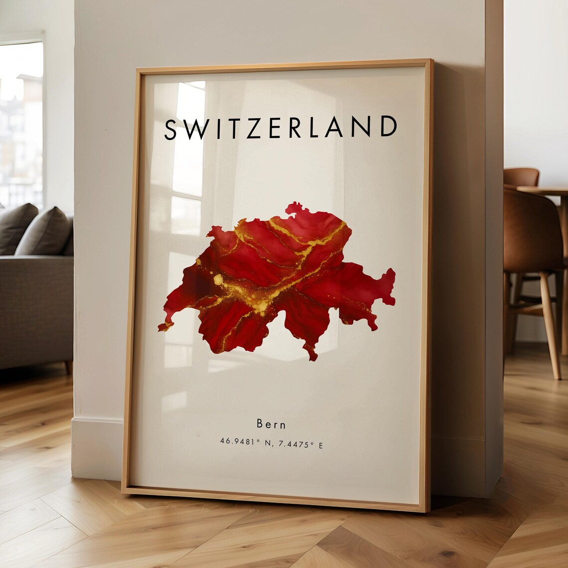 Switzerland Country Map Red Gold Marble Bern Coordinates Travel Poster