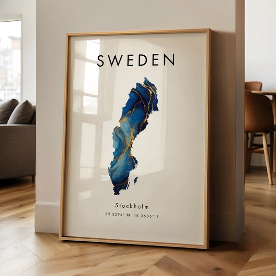 Sweden Map Printed Poster Blue And Gold Europe Wall Art Print Home Decor Geography Gift Wallpaper