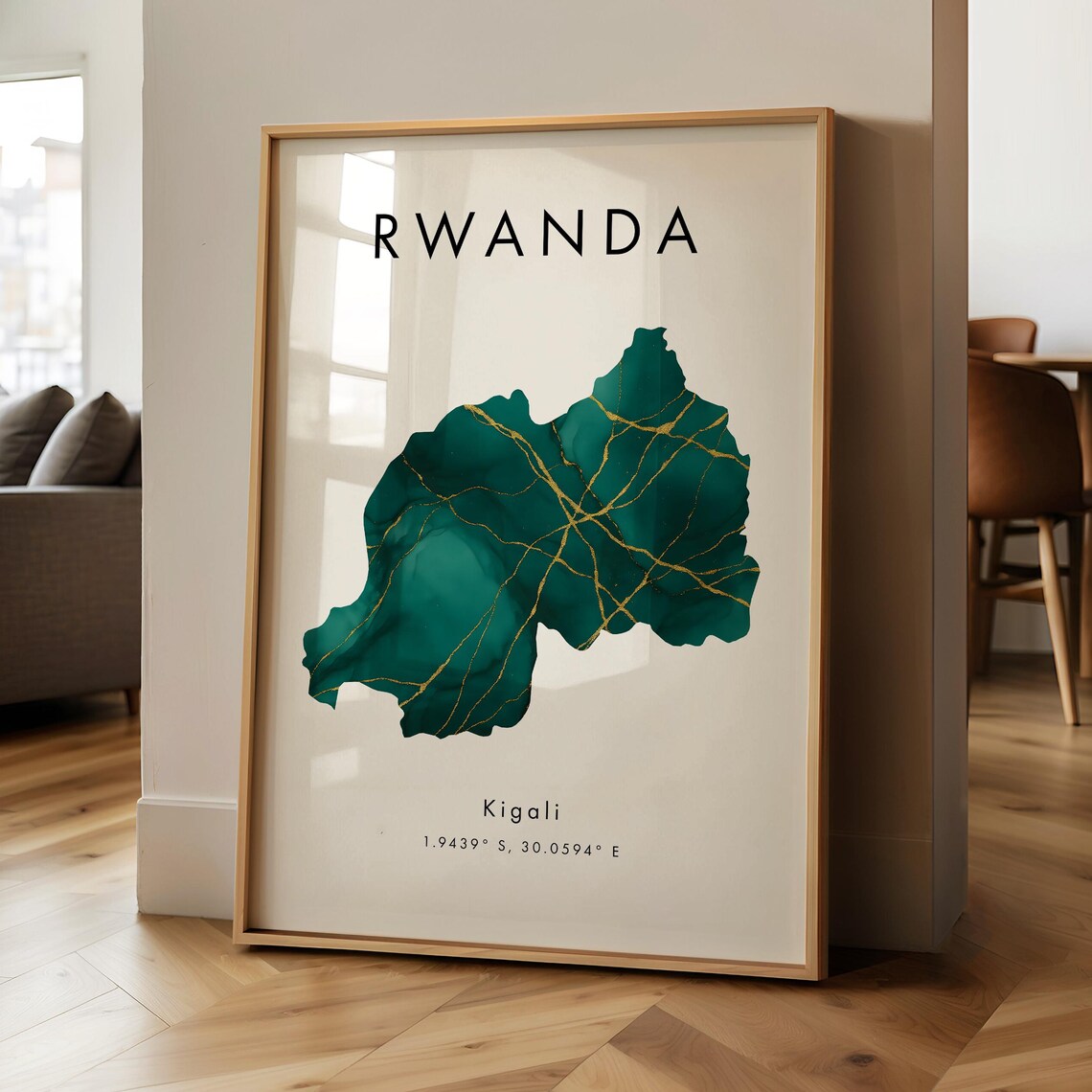 Rwanda Green Marble Map Poster with Gold Veins and Kigali Detail