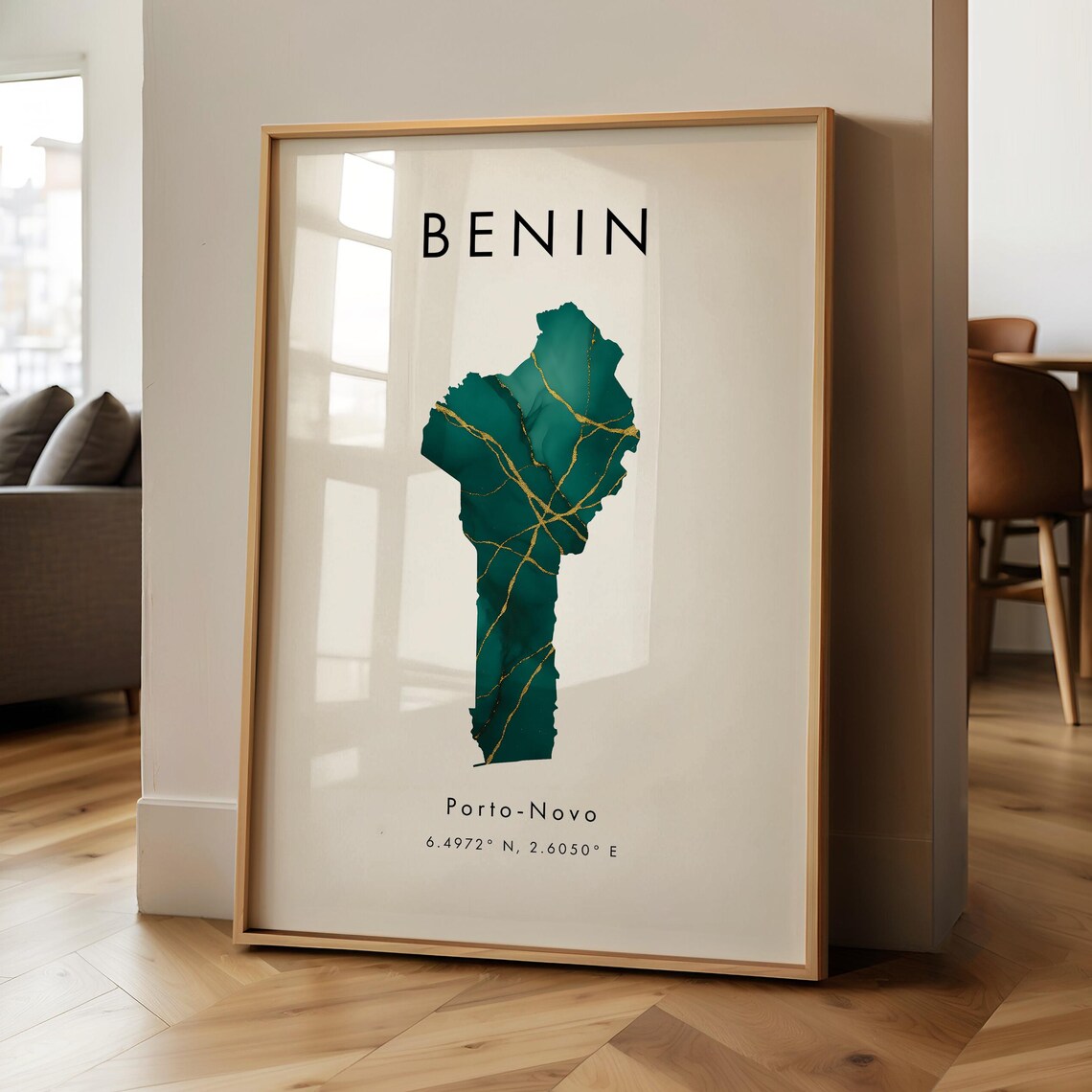 Benin Map Poster in Green and Gold with Porto-Novo Coordinates