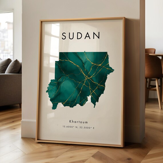 Sudan Map Printed Poster Green And Gold Africa Wall Art Print Home Decor Geography Gift Wallpaper