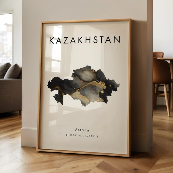 Kazakhstan Map Printed Poster Black And Gold Asia Wall Art Print Home Decor Geography Gift Wallpaper