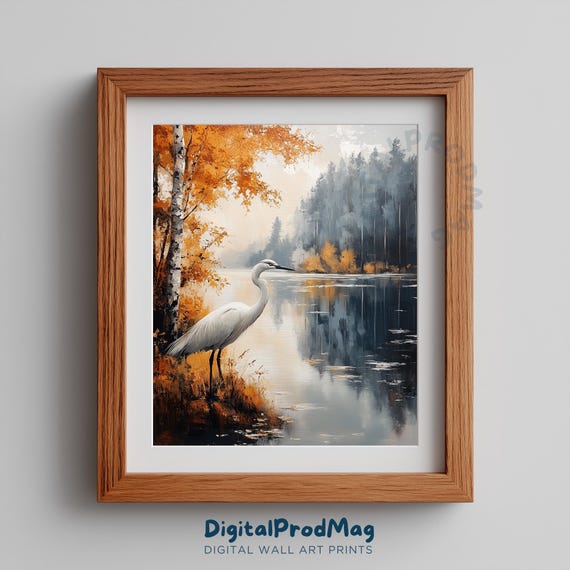 Autumn Heron Lakeside Painting Misty Forest White Bird Art Print