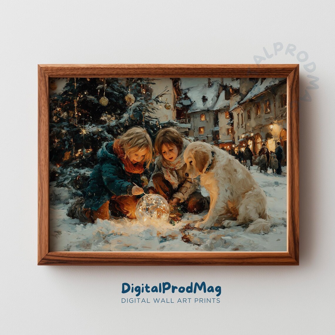 Children And Dog Christmas Lights Snowy Village Vintage Wall Art